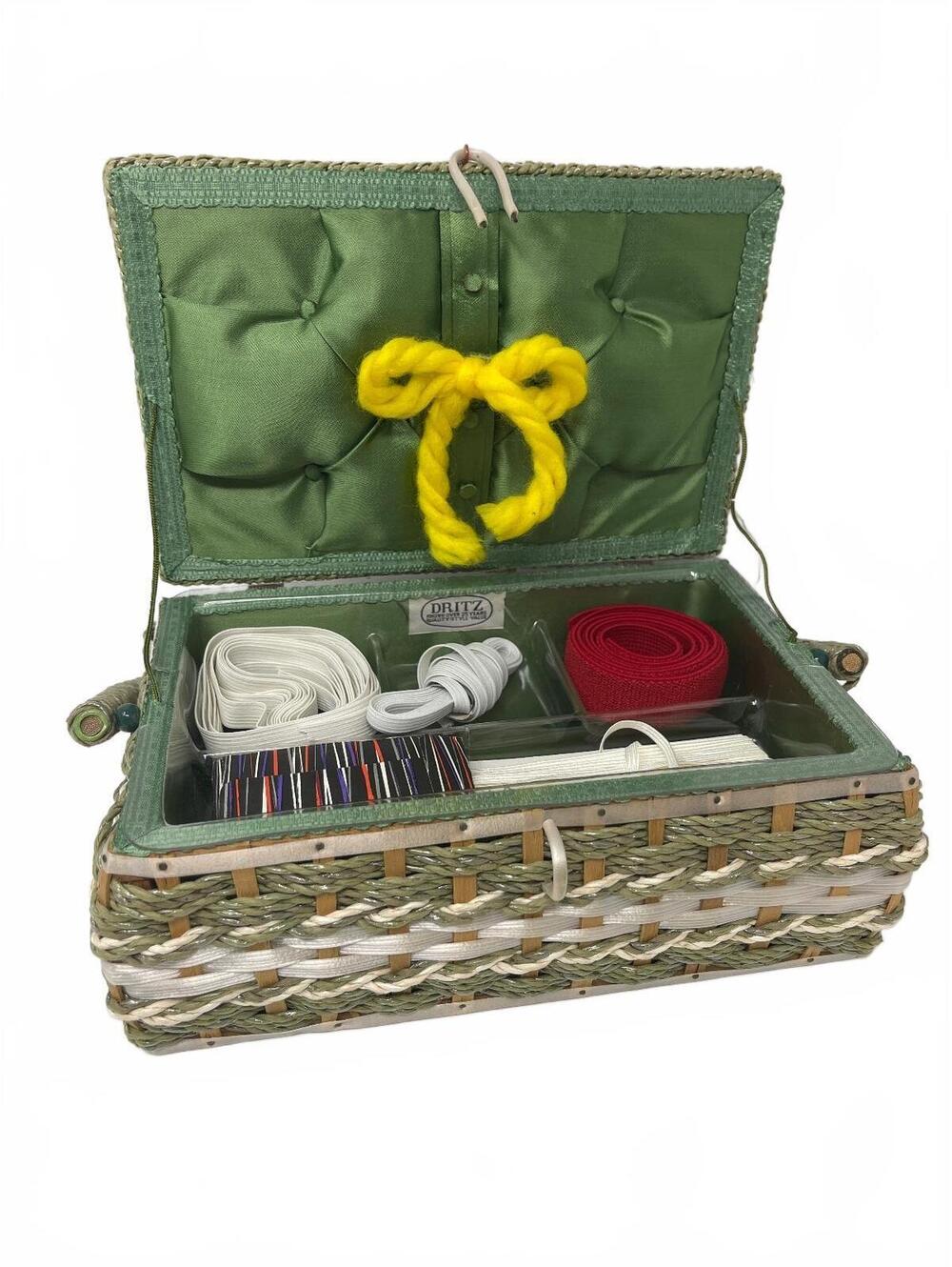 Vintage Dritz Khaki Woven Sewing Basket with Satin Lining and Organizer Tray, 60